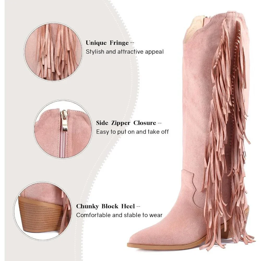 Women Pink Synthetic Fringe Tassels Pointed Toe Knee High Western Cowgirl Boots